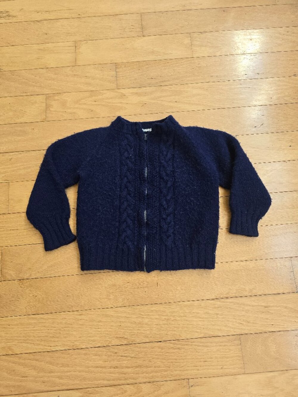 Vintage 60s Navy Hand Knit Heavyweight Wool Cable Knit Full-Zip Cardigan Sweater